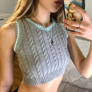 Vintage Y2K Cropped Cable Knit Vest Grey and Mint Size XS/S